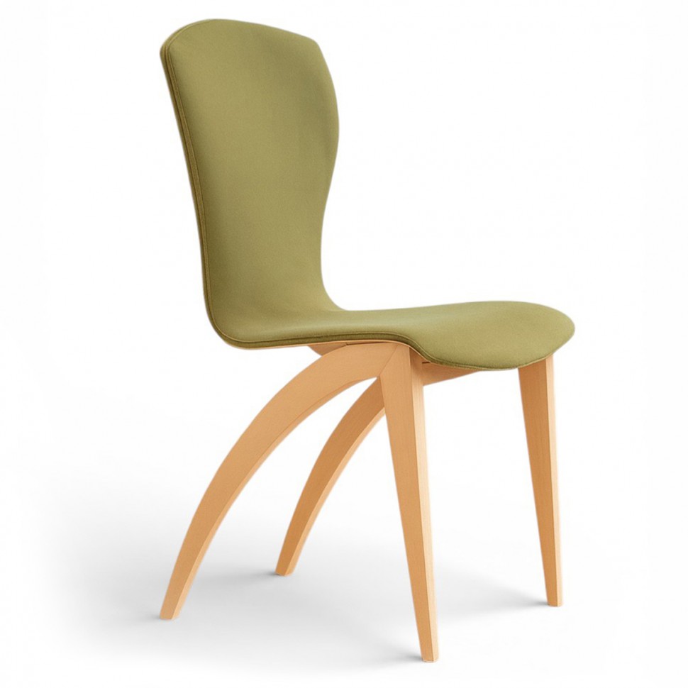 Μοντέρνα design καρέκλα Κ19 με λαδί υφασμάτινη επένδυση και εντυπωσιακά τοξωτά ξύλινα πόδια σε λευκό φόντο. (Preview 1)