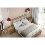 Μοντέρνο boho διπλό κρεβάτι με επενδεδυμένο υφασμάτινο κεφαλάρι, ξύλινη κατασκευή δρυός, μπεζ και λευκά διακοσμητικά. (Thumb 5)