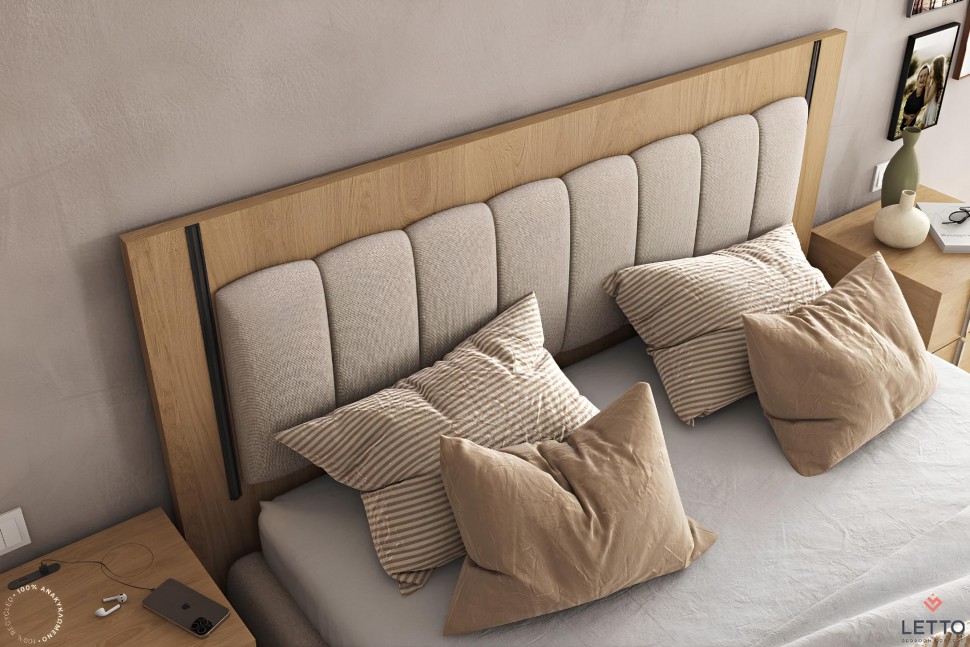 Λεπτομέρεια κεφαλαριού κρεβατιού LETTO με επένδυση υφάσματος και ξύλινο πλαίσιο σε μοντέρνα σκανδιναβική αισθητική. (Preview 3)