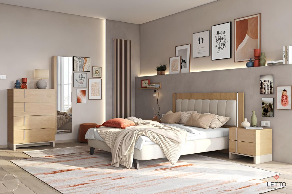 Μοντέρνο κρεβάτι ύπνου LETTO σε σκανδιναβικό στιλ με υφασμάτινο κεφαλάρι, φωτισμό led και boho διακόσμηση. (Preview 6)
