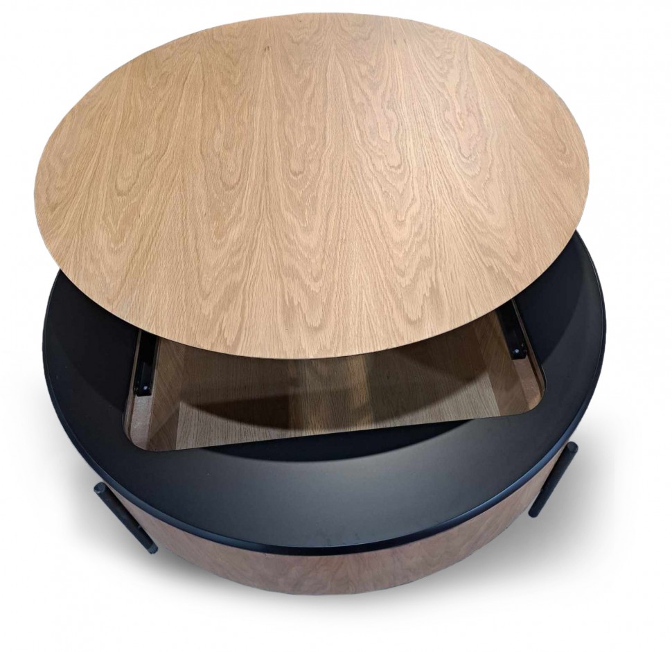 Στρογγυλό ξύλινο coffee table με ανοιγόμενη επιφάνεια και μαύρες μεταλλικές λεπτομέρειες. (Preview 3)