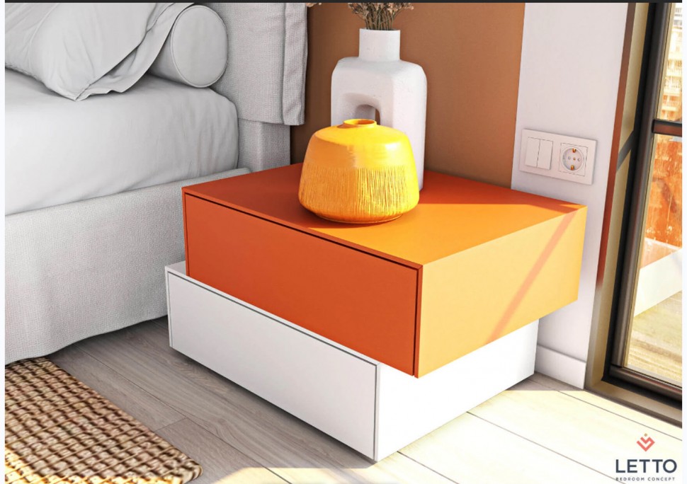 Κομοδίνο με μοντέρνο γεωμετρικό design σε πορτοκαλί και λευκό, με κεραμικά διακοσμητικά. (Preview 2)