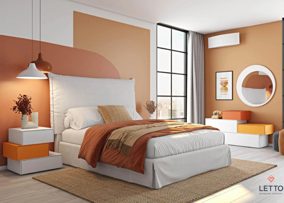 Minimal κομοδίνο Letto τριών επιπέδων σε πορτοκαλί-λευκή λάκα μπροστά από upholstered κρεβάτι. (Preview 4)