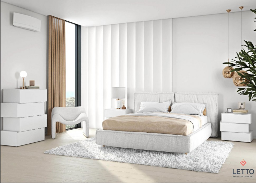 Minimal κομοδίνο Letto τριών επιπέδων σε λευκή λάκα μπροστά από upholstered κρεβάτι. (Preview 6)