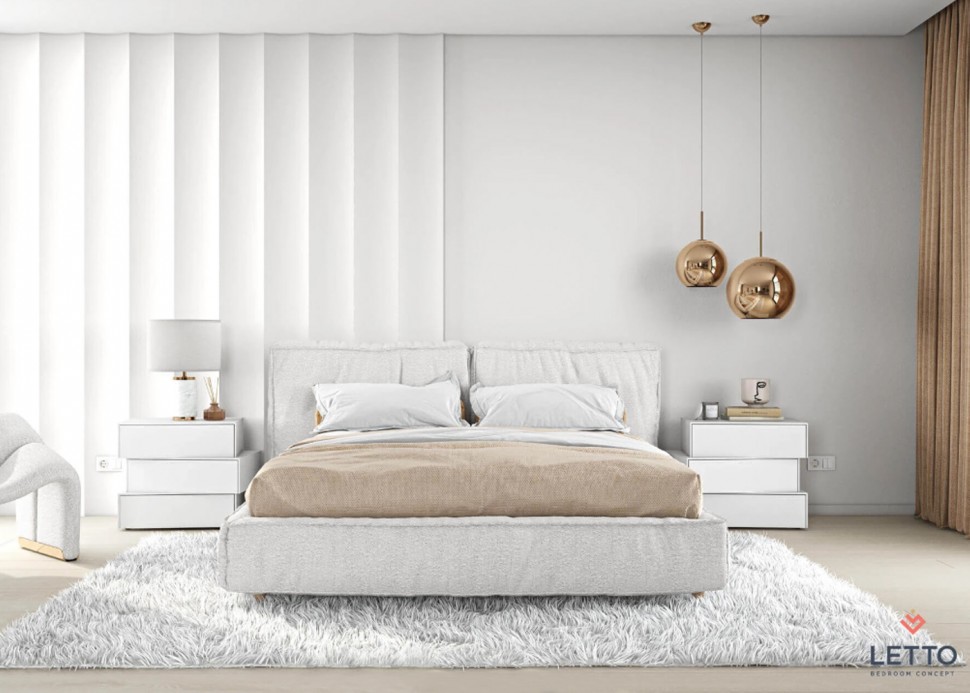 Minimal κομοδίνο Letto τριών επιπέδων σε λευκή λάκα μπροστά από upholstered κρεβάτι. (Preview 5)