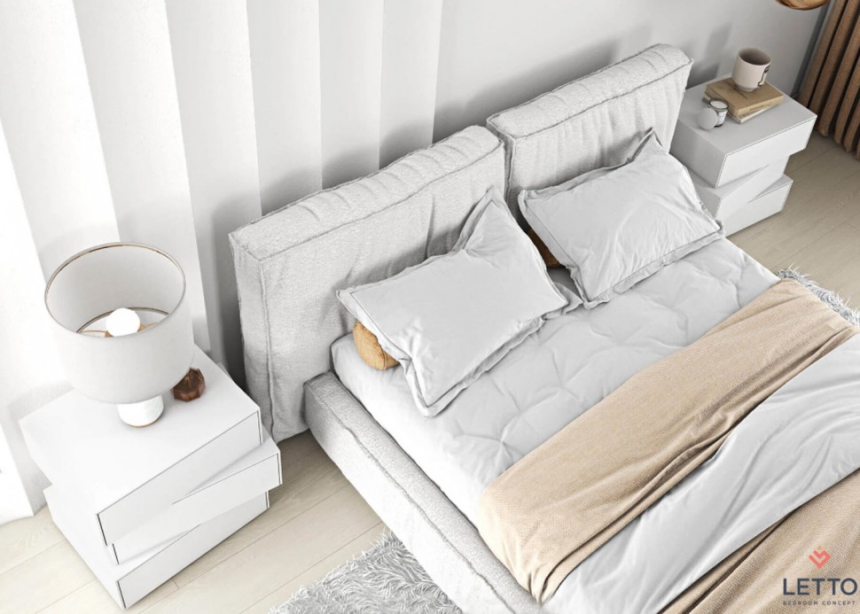Minimal κομοδίνο Letto τριών επιπέδων σε λευκή λάκα μπροστά από upholstered κρεβάτι. (Preview 3)