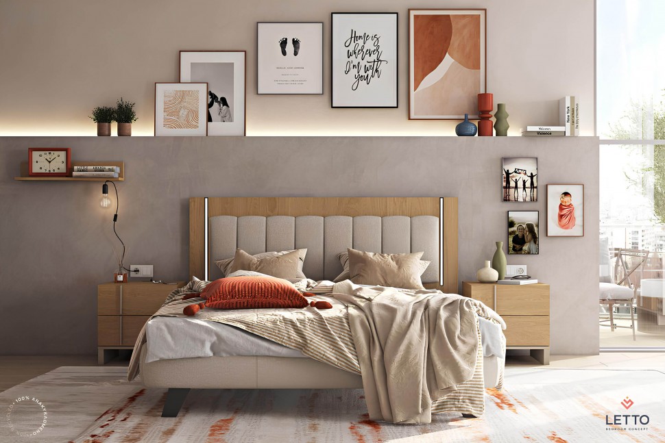 Μοντέρνο κρεβάτι ύπνου LETTO σε σκανδιναβικό στιλ με υφασμάτινο κεφαλάρι, φωτισμό led και boho διακόσμηση. (Preview 2)
