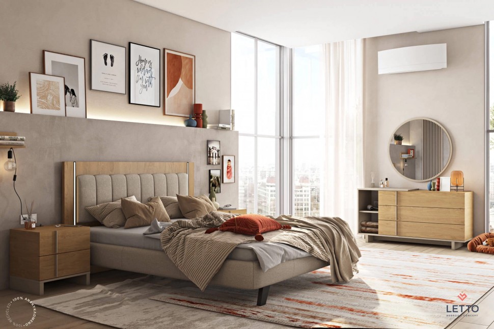 Μοντέρνα κρεβατοκάμαρα LETTO σε σκανδιναβικό στιλ με υφασμάτινο κεφαλάρι, φωτισμό led και boho διακόσμηση. (Preview 4)