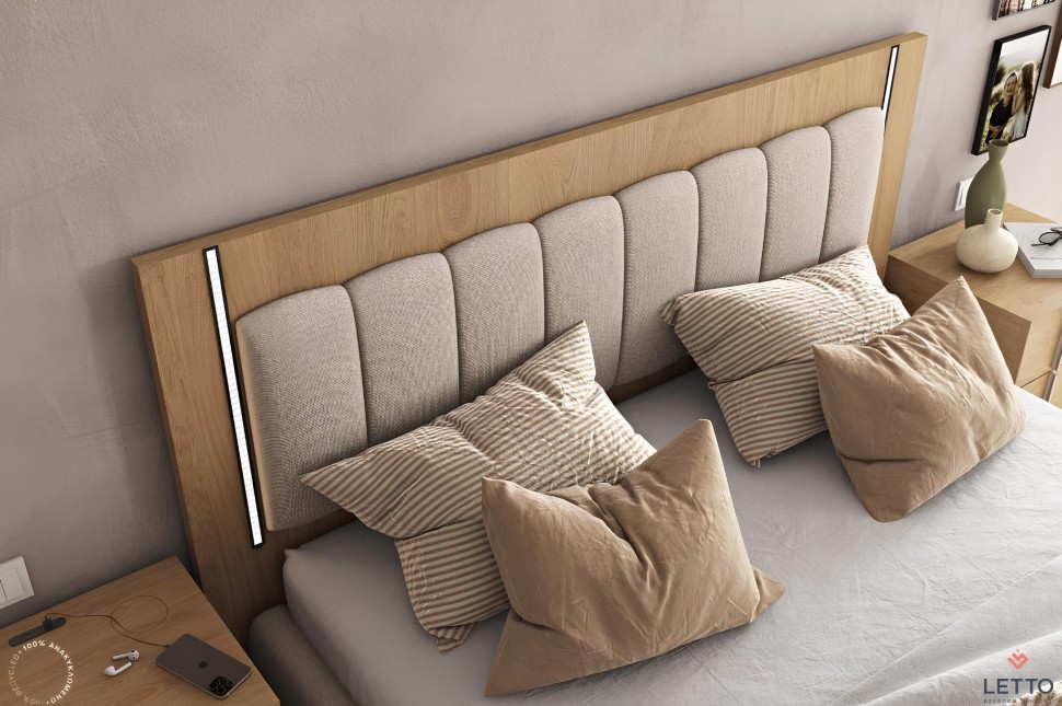Λεπτομέρεια κεφαλαριού κρεβατιού LETTO με επένδυση υφάσματος και ξύλινο πλαίσιο σε μοντέρνα σκανδιναβική αισθητική. (Preview 7)