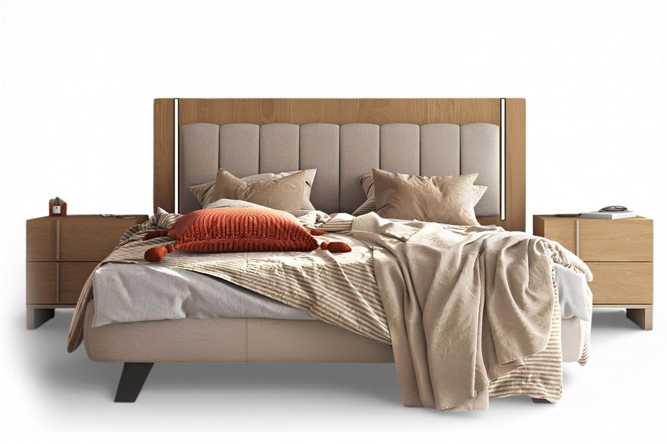 Μοντέρνο κρεβάτι ύπνου LETTO σε σκανδιναβικό στιλ με υφασμάτινο κεφαλάρι, φωτισμό led και boho διακόσμηση σε λευκό φόντο. (Preview 1)