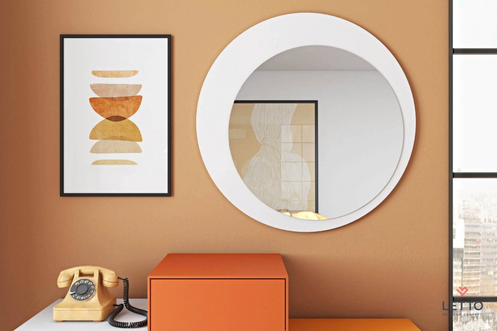 Minimal καθρέφτης LETTO με λευκή κορνίζα και στρογγυλό σχήμα σε σύγχρονο υπνοδωμάτιο με αφηρημένο έργο τέχνης. (Preview 2)