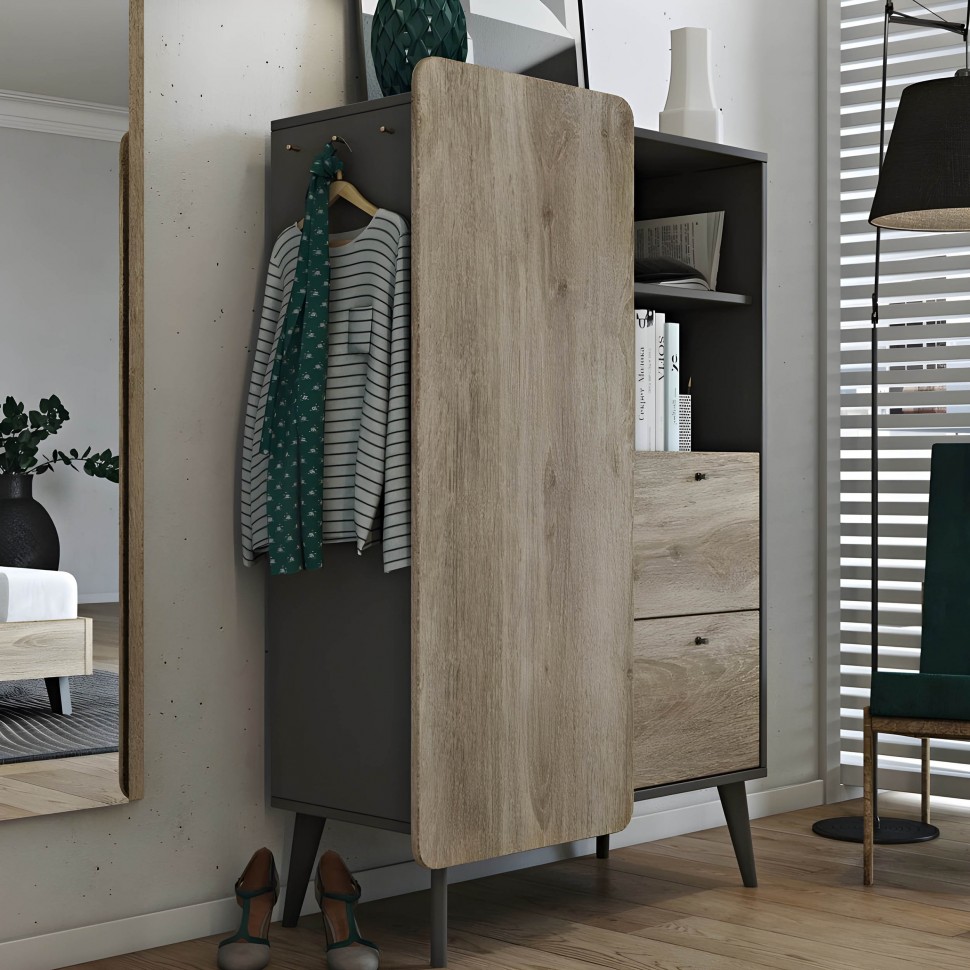 Έπιπλο LETTO σε scandi στυλ με μαύρη βάση και φυσικό ξύλο, διακοσμημένο με μπουκάλια και κάδρα. (Preview 12)