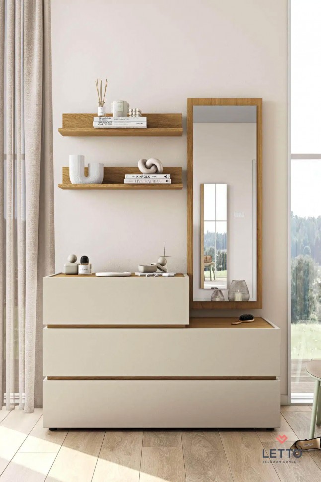 Συρταριέρα Loft με καθρέφτη και ράφια, σε minimal φυσική ξύλινη διάθεση. (Preview 2)
