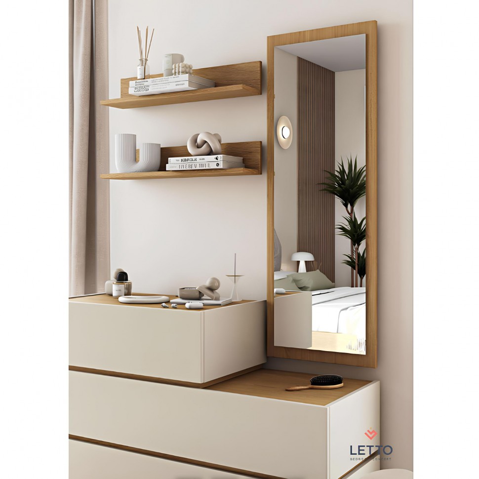 Συρταριέρα Loft με καθρέφτη και ράφια, σε minimal φυσική ξύλινη διάθεση. (Preview 3)