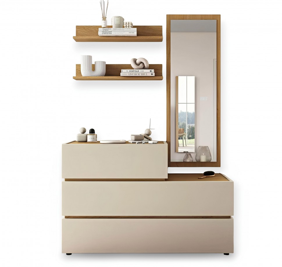 Συρταριέρα Loft με καθρέφτη και ράφια, σε minimal φυσική ξύλινη διάθεση. (Preview 1)