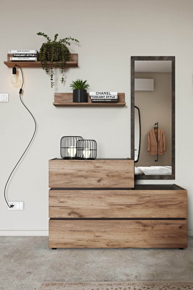 Συρταριέρα Loft με καθρέφτη και ράφια, σε minimal φυσική ξύλινη διάθεση. (Preview 2)