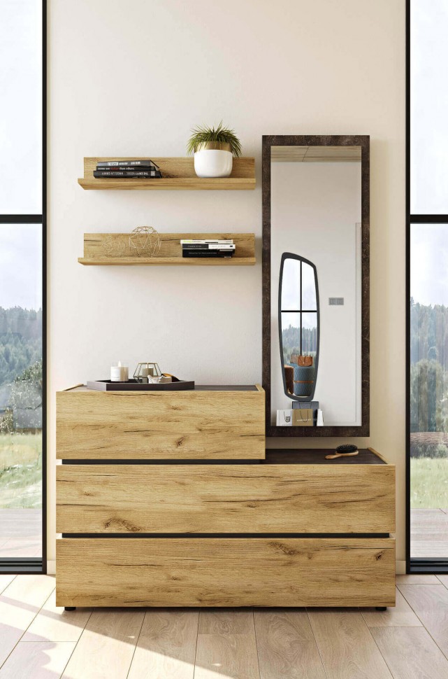 Συρταριέρα Loft με καθρέφτη και ράφια, σε minimal φυσική ξύλινη διάθεση. (Preview 2)