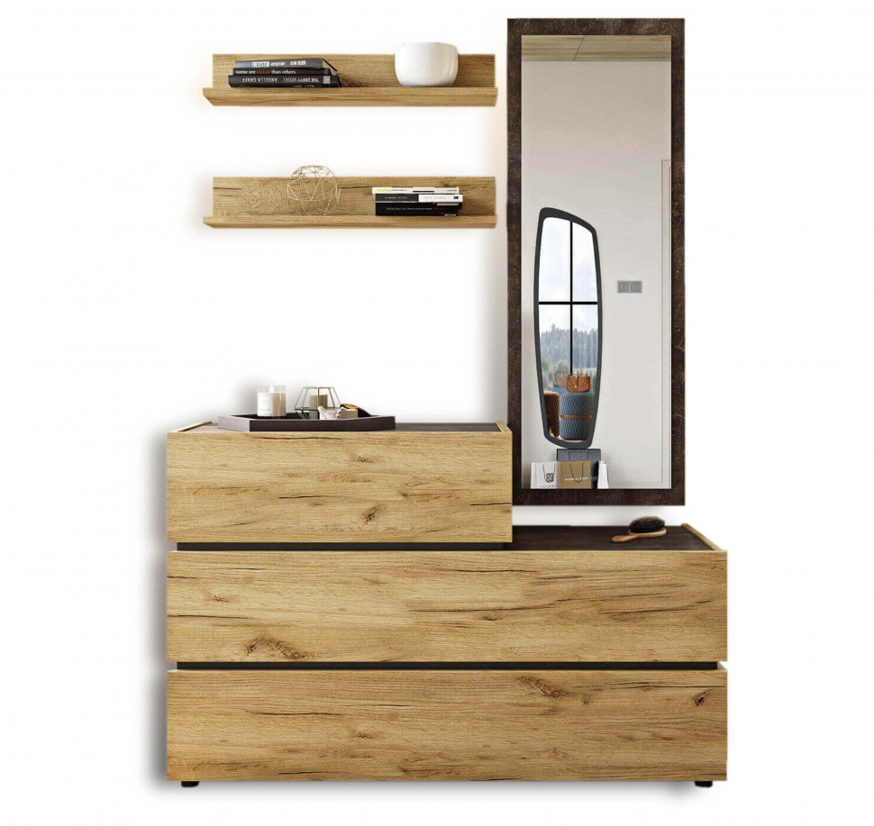 Συρταριέρα Loft με καθρέφτη και ράφια, σε minimal φυσική ξύλινη διάθεση. (Preview 1)