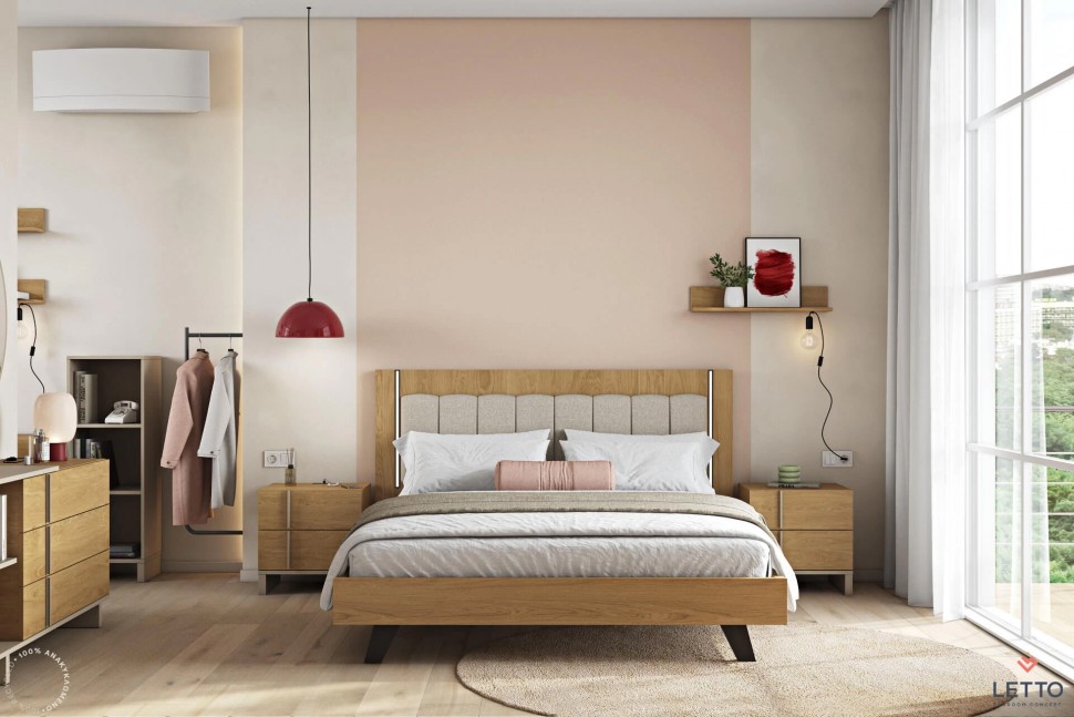 Μοντέρνο κρεβάτι ύπνου LETTO σε σκανδιναβικό στιλ με υφασμάτινο κεφαλάρι, φωτισμό led και boho διακόσμηση. (Preview 2)