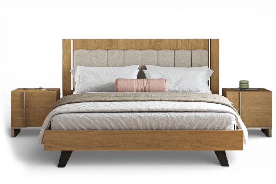 Μοντέρνο κρεβάτι ύπνου LETTO σε σκανδιναβικό στιλ με υφασμάτινο κεφαλάρι, φωτισμό led και boho διακόσμηση σε λευκό φόντο. (Preview 1)