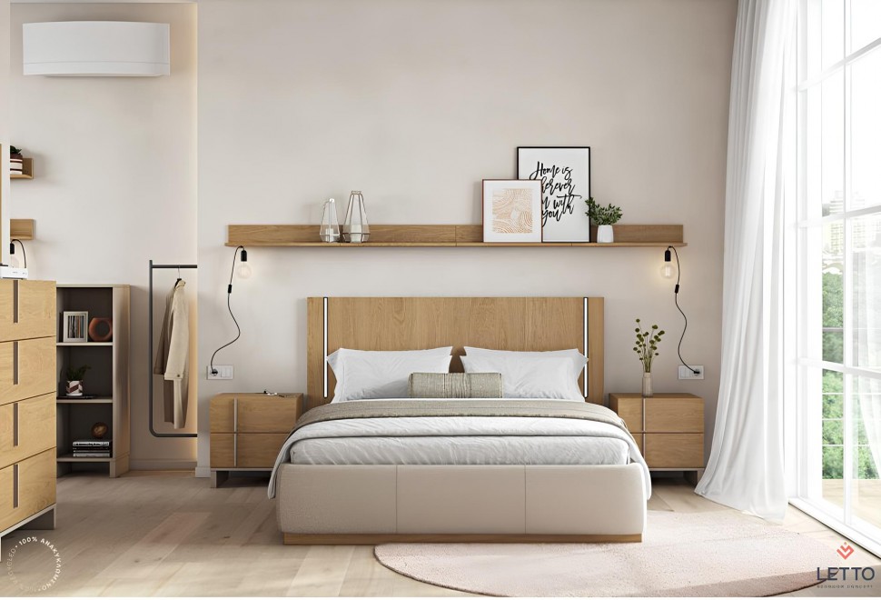 Μοντέρνο κρεβάτι ύπνου LETTO σε σκανδιναβικό στιλ με υφασμάτινο ποδαρικό, φωτισμό led και boho διακόσμηση. (Preview 6)