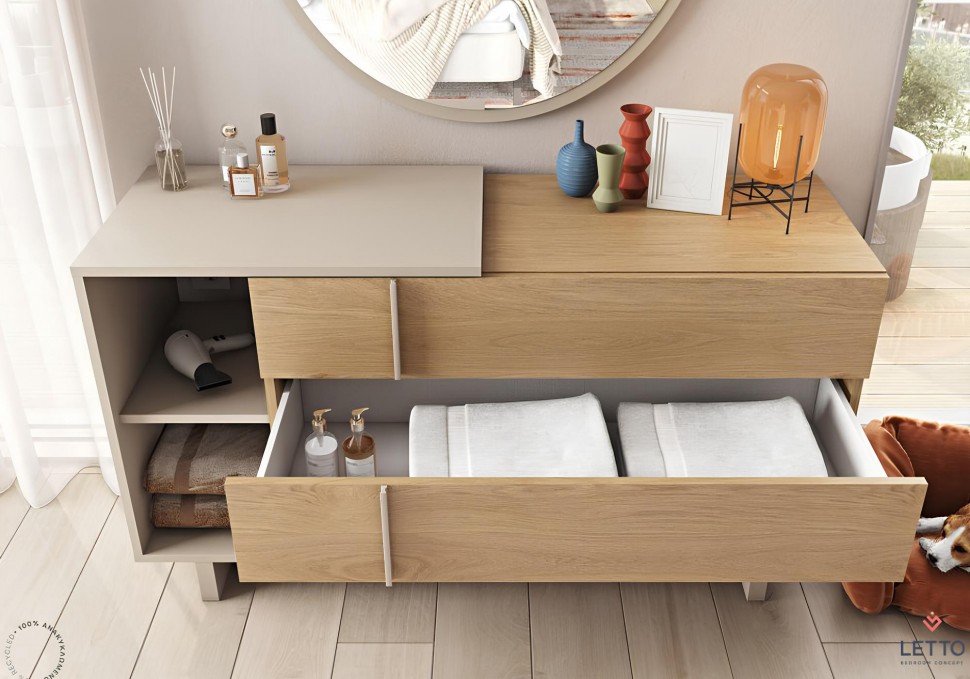 Συρταριέρα LETTO με στρογγυλό καθρέφτη, μεγάλο συρτάρι ανοιχτό με λευκά είδη και ανοιχτό ράφι για αποθήκευση. (Preview 13)