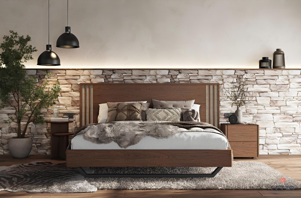 Minimal κρεβάτι Letto Cliff από φυσικό ξύλο με κάθετες διακοσμητικές λεπτομέρειες και μεταλλική βάση. (Preview 2)