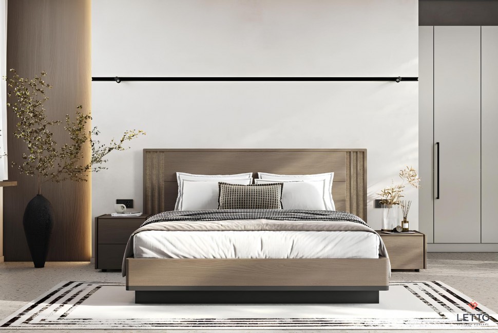 Minimal κρεβάτι Letto Cliff από φυσικό ξύλο με κάθετες διακοσμητικές λεπτομέρειες και ξύλινη βάση. (Preview 2)