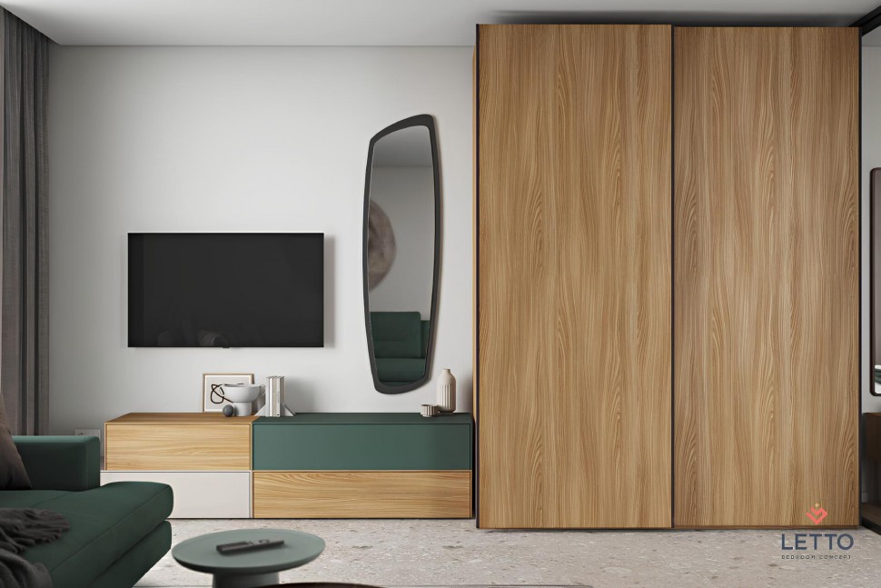 Συρταριέρα με διακοσμητικά αντικείμενα, με φόντο μοντέρνο υπνοδωμάτιο. (Preview 5)
