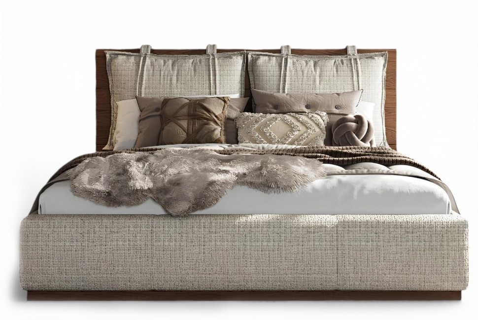 Minimal κρεβάτι Letto Notte με μαξιλάρια και ντυμένο ποδαρικό σε λευκό φόντο. (Preview 1)