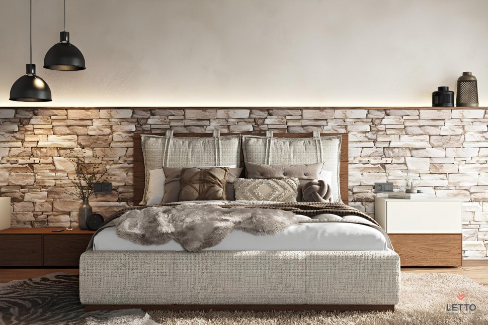 Minimal κρεβάτι Letto Notte με μαξιλάρια και ντυμένο ποδαρικό σε μοντέρνο υπνοδωμάτιο. (Preview 2)