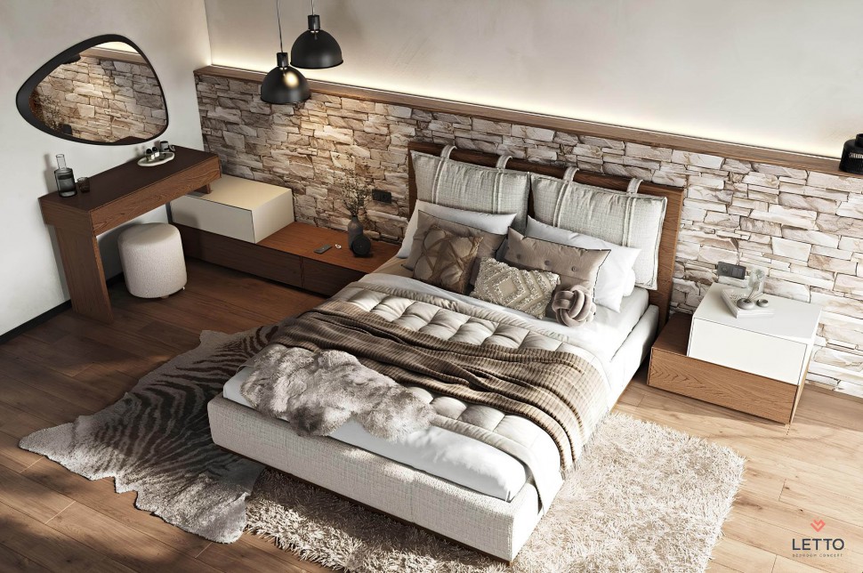 Minimal κρεβάτι Letto Notte με μαξιλάρια και ντυμένο ποδαρικό σε μοντέρνο υπνοδωμάτιο. (Preview 4)