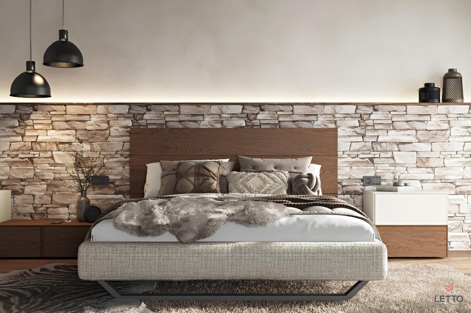 Minimal κρεβάτι Letto Notte χωρίς μαξιλάρια, ντυμένο ποδαρικό και μεταλλική βάση, σε μοντέρνο υπνοδωμάτιο. (Preview 4)