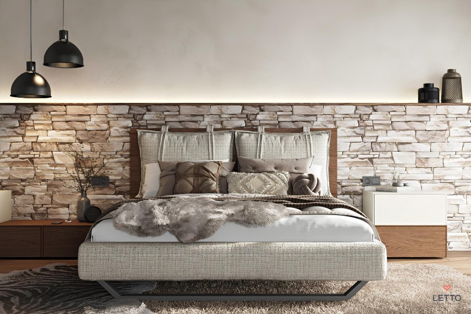 Minimal κρεβάτι Letto Notte με μαξιλάρια, ντυμένο ποδαρικό και μεταλλική βάση, σε μοντέρνο υπνοδωμάτιο. (Preview 2)
