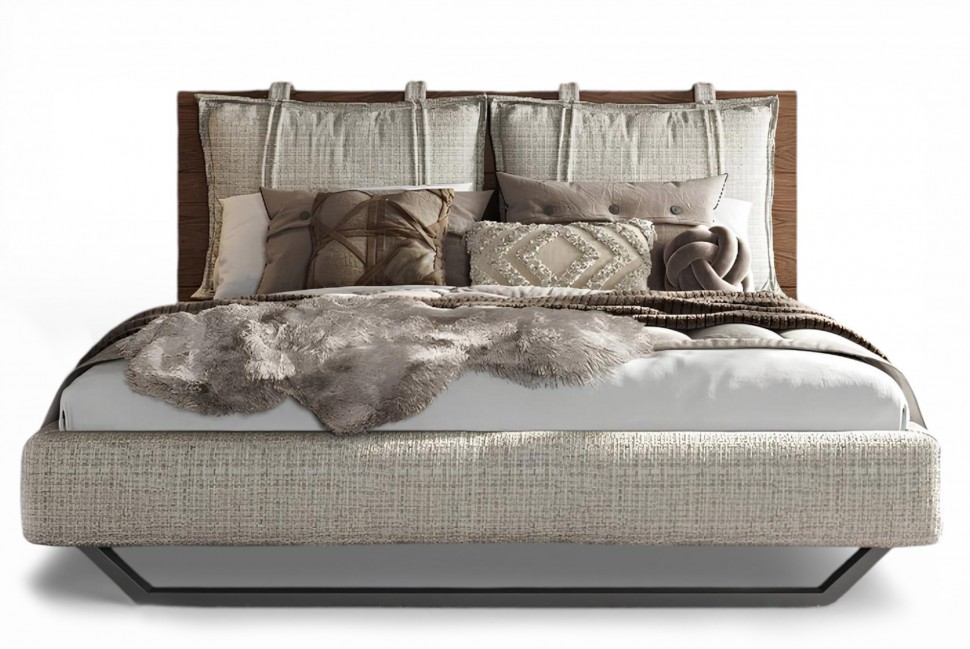 Minimal κρεβάτι Letto Notte με μαξιλάρια, ντυμένο ποδαρικό και μεταλλική βάση, σε λευκό φόντο. (Preview 1)