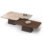 Modular coffee tables με κεραμικό, ξύλινο και λακαριστό καπάκι σε διαφορετικά επίπεδα και σχήματα, σε ουδέτερο φόντο. (Thumb 1)