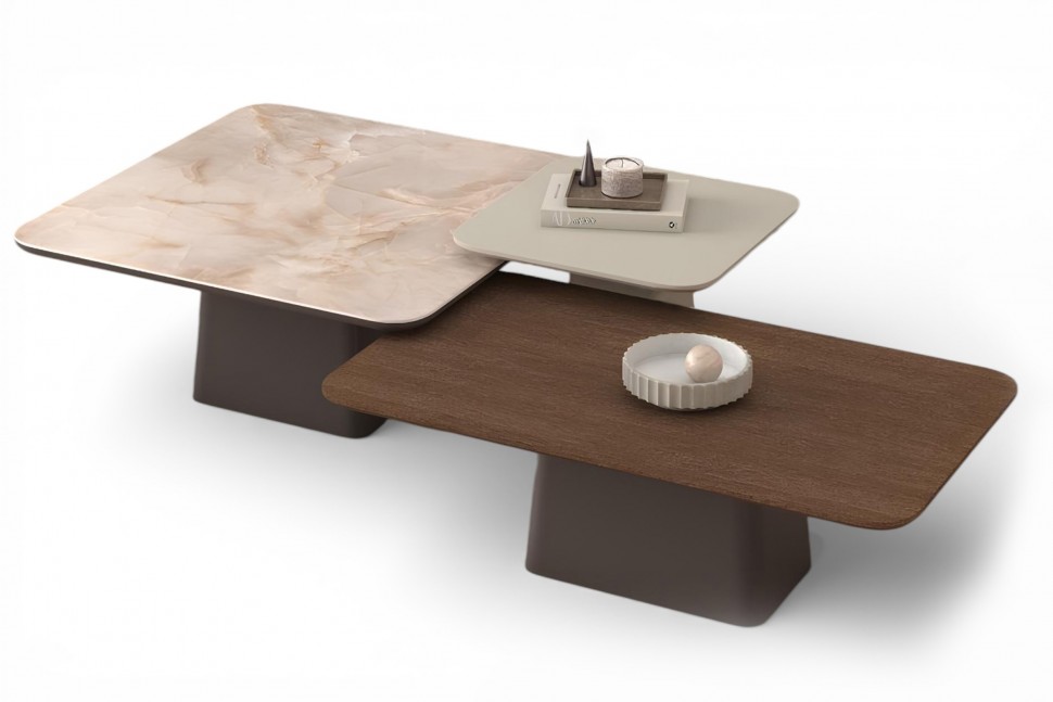 Modular coffee tables με κεραμικό, ξύλινο και λακαριστό καπάκι σε διαφορετικά επίπεδα και σχήματα, σε ουδέτερο φόντο. (Preview 1)