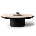 Στρογγυλό coffee table με κεραμικό καπάκι Travertino 3D και μαύρη σαγρέ βάση, σε λευκό φόντο. (Thumb 1)