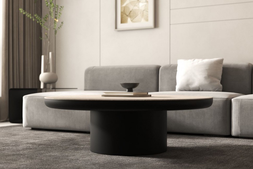 Coffee table με κεραμικό Travertino 3D σε μοντέρνο καθιστικό, με έμφαση στον χαμηλό όγκο και τη στιβαρή βάση. (Preview 4)