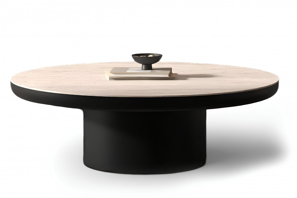 Στρογγυλό coffee table με κεραμικό καπάκι Travertino 3D και μαύρη σαγρέ βάση, σε λευκό φόντο. (Preview 1)