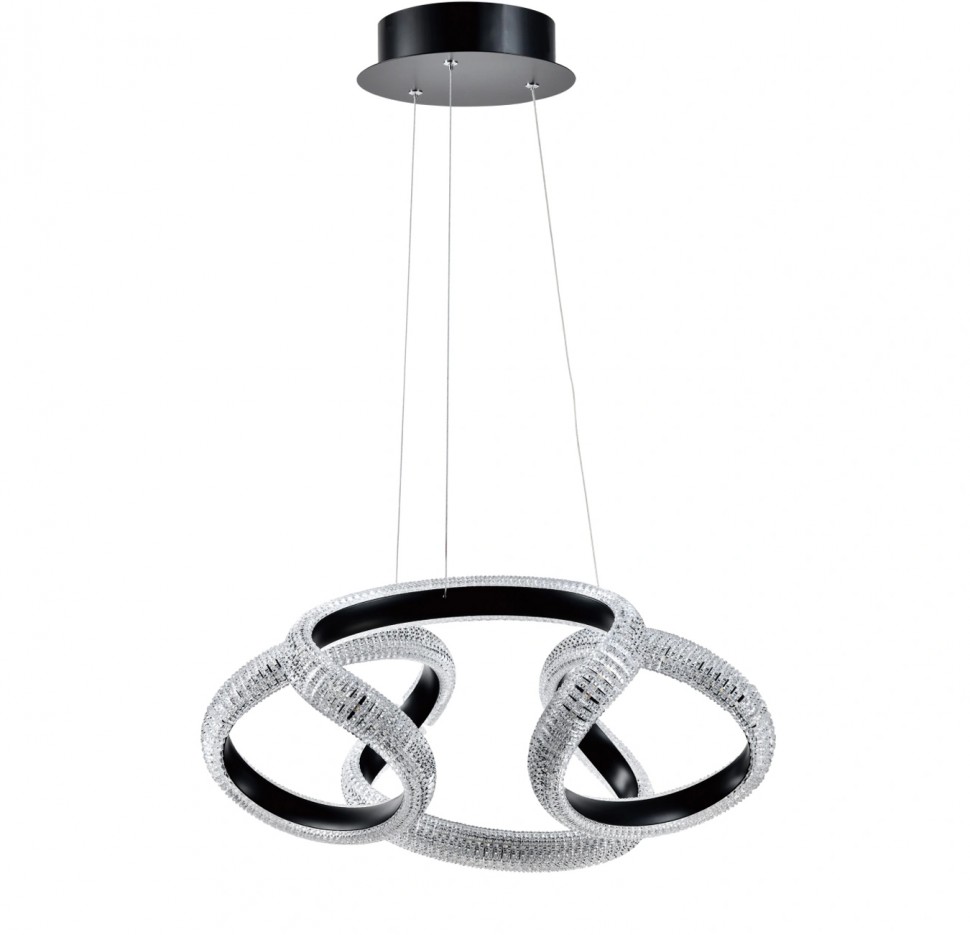 Κρεμαστό φωτιστικό μοντέρνου design με αλληλοπλεκόμενους φωτεινούς δακτυλίους, μαύρο μεταλλικό σκελετό και κρυσταλλική υφή. (Preview 1)
