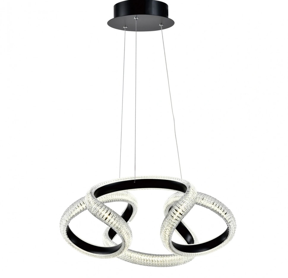 Κρεμαστό φωτιστικό μοντέρνου design με αλληλοπλεκόμενους φωτεινούς δακτυλίους, μαύρο μεταλλικό σκελετό και κρυσταλλική υφή. (Preview 2)
