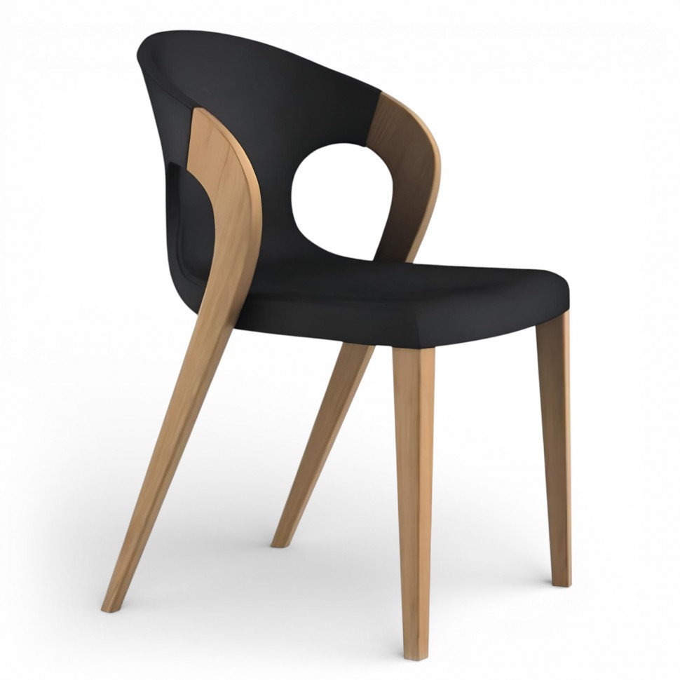 Design καρέκλα τραπεζαρίας με ξύλινο σκελετό και μαύρο ανατομικό κάθισμα σε minimal στυλ. (Preview 1)
