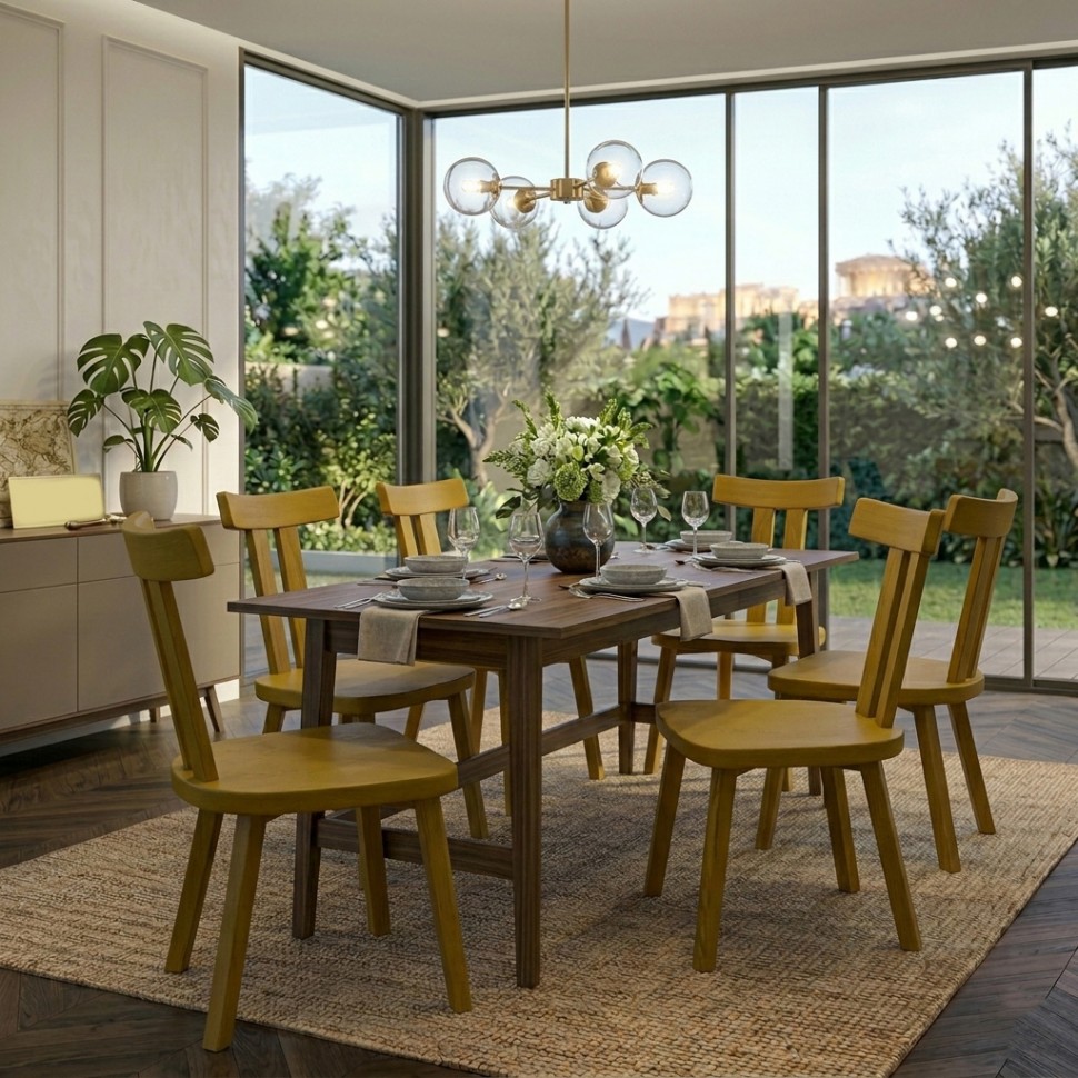 Καρέκλες Loft τοποθετημένες γύρω από ξύλινο τραπέζι σε χώρο με minimal διακόσμηση και μοντέρνο φωτιστικό σφαίρες. (Preview 4)