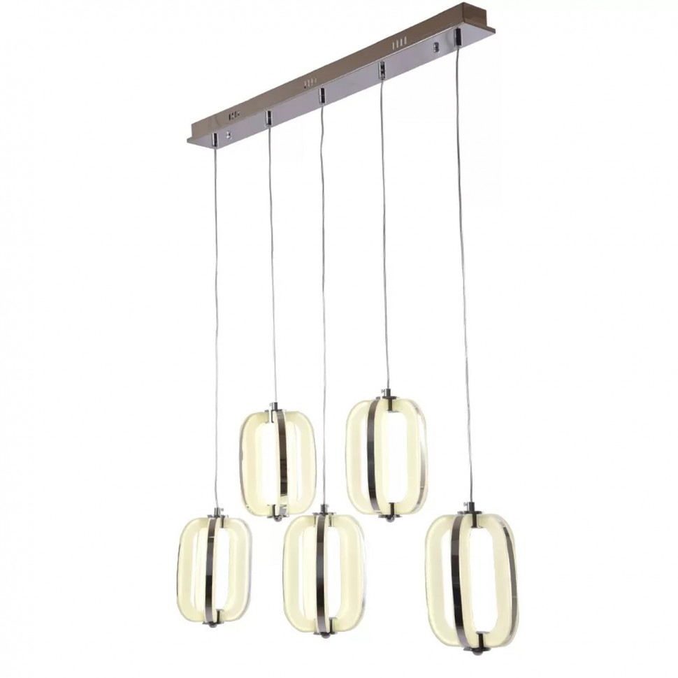 Κρεμαστό modular LED φωτιστικό με πέντε οβάλ σώματα σε χρωμιωμένη βάση, σε λευκό φόντο. (Preview 1)