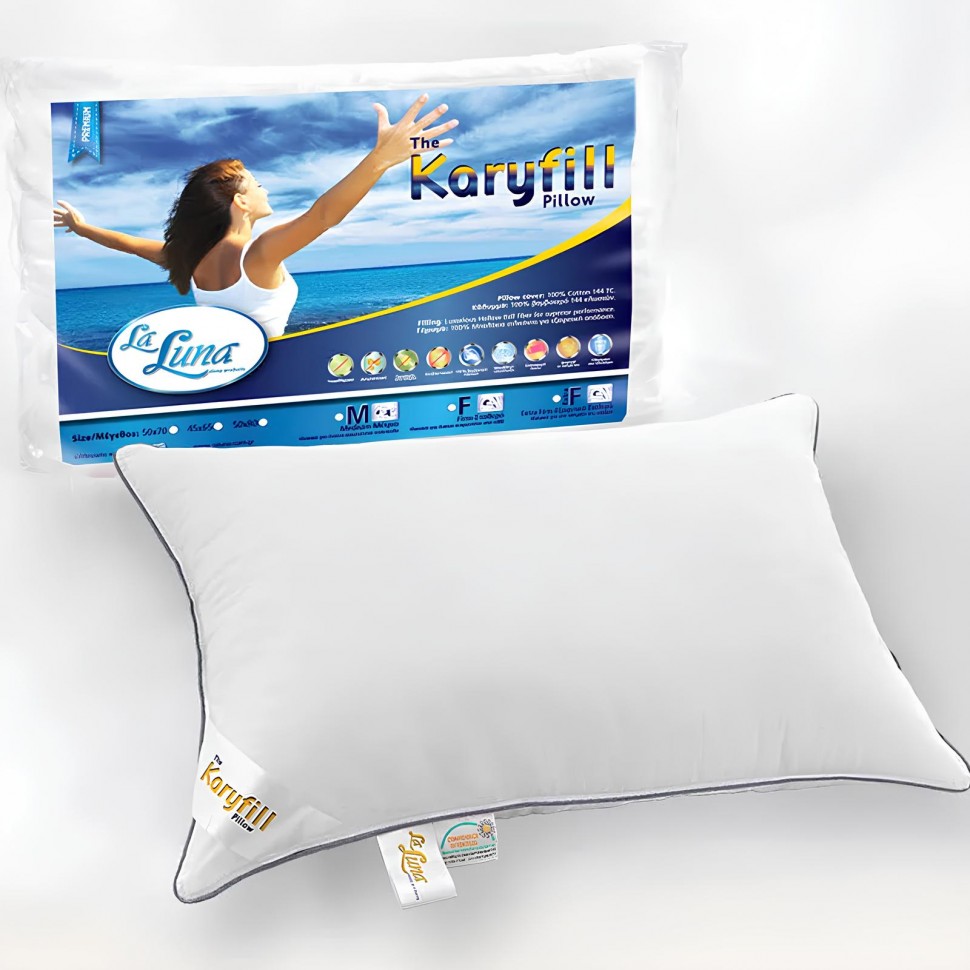 Η συσκευασία του μαξιλαριού The Karyfill της La Luna που δείχνει τα τεχνικά χαρακτηριστικά (100% βαμβάκι, fiberfill) και την πιστοποίηση ποιότητας. (Preview 8)