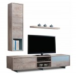 Μοντέρνα σύνθεση σαλονιού Milena σε απόχρωση grey-oak με γαλάζιες λεπτομέρειες, αποτελούμενη από βάση τηλεόρασης, κρεμαστή στήλη και ράφι, σε λευκό φόντο. (Thumb 1)