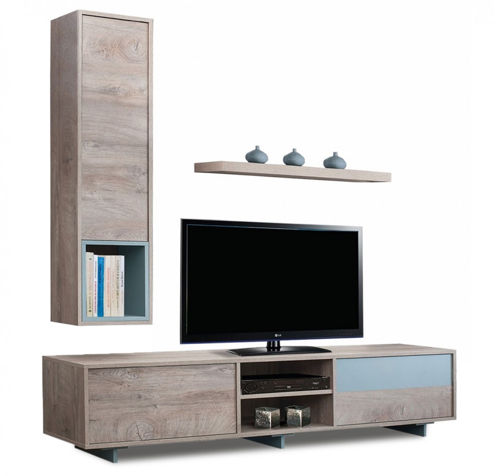 Μοντέρνα σύνθεση σαλονιού Milena σε απόχρωση grey-oak με γαλάζιες λεπτομέρειες, αποτελούμενη από βάση τηλεόρασης, κρεμαστή στήλη και ράφι, σε λευκό φόντο. (Preview 1)